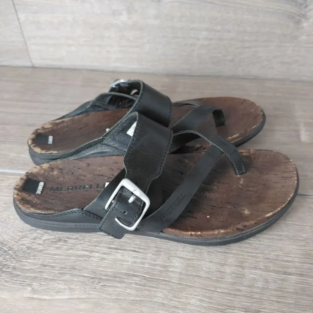 Merrell Sandals Womens 7 Black Leather Around Town Buckle Strappy Beach Thong